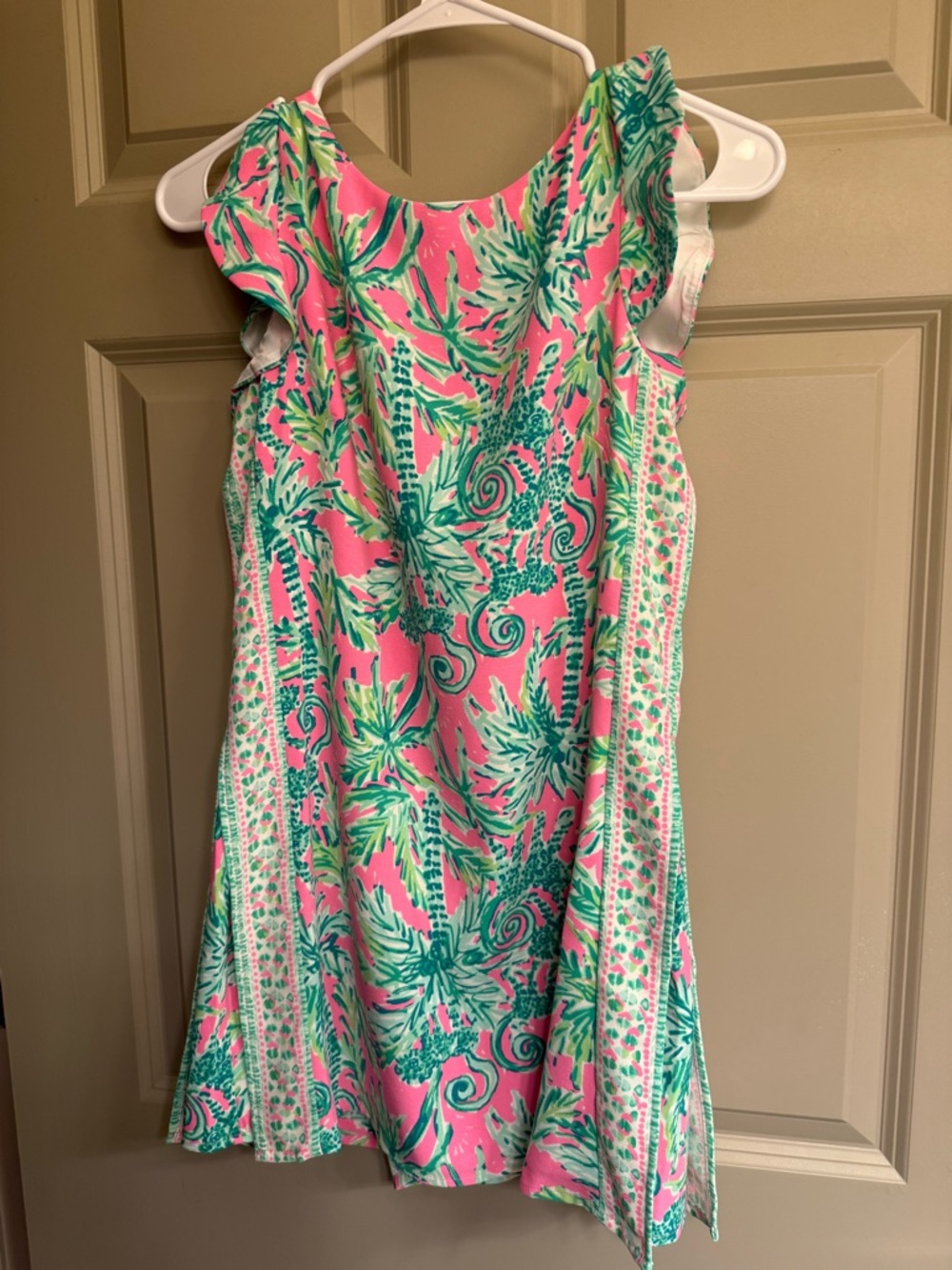 Lilly Pulitzer Pink and Green Tropical Ruffle-Sleeve Romper